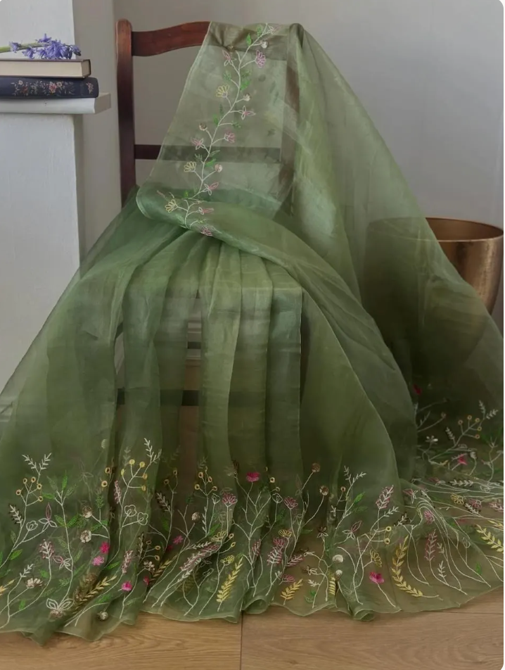 Pure organza silk embroidered festive wear lightweight soft saree