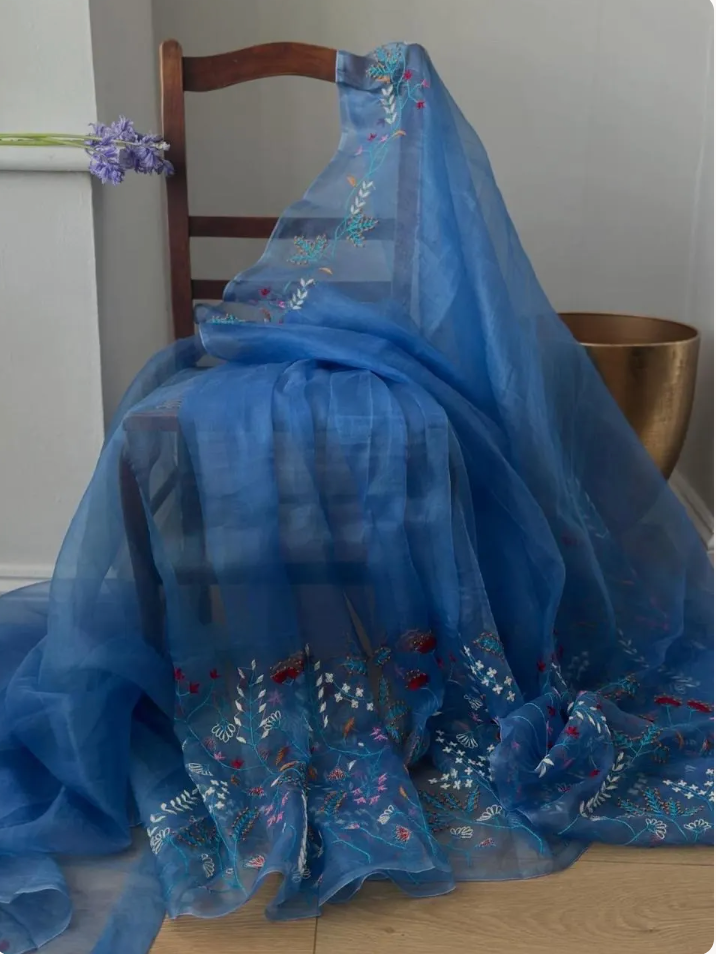 Pure organza silk embroidered festive wear lightweight soft saree