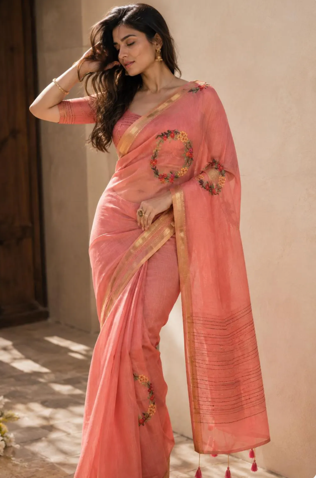 Handcrafted Peach Pink Hand Embroidered Linen Saree