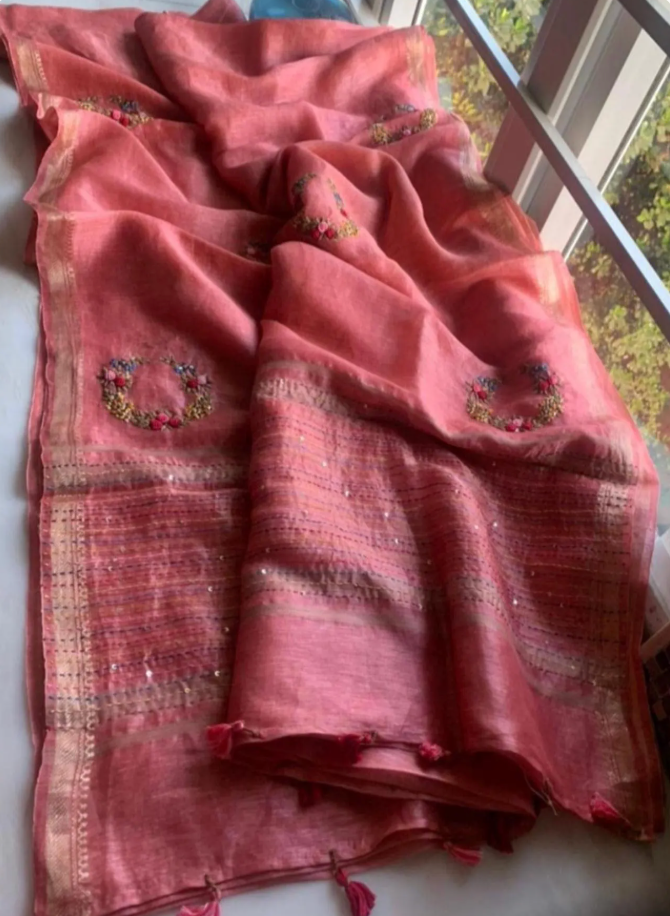 Handcrafted Peach Pink Hand Embroidered Linen Saree