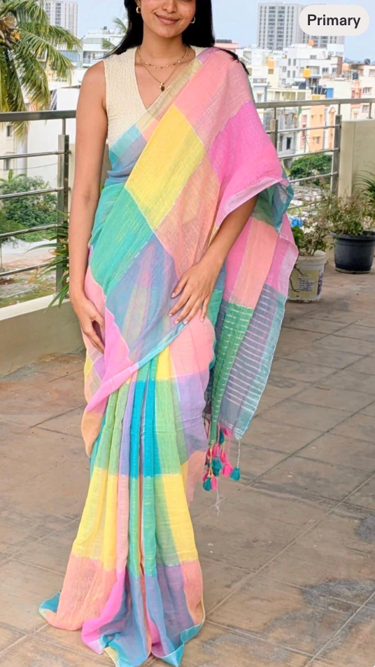 Colorblocked pink blue green Lightweight cotton linen saree handmade