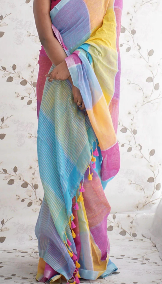 Colorblocked pink blue green Lightweight cotton linen saree handmade