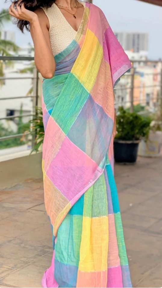 Colorblocked pink blue green Lightweight cotton linen saree handmade