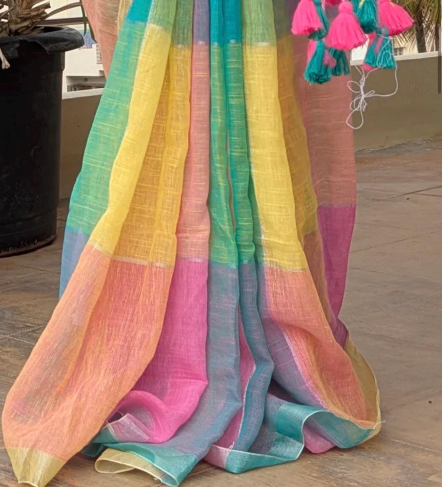 Colorblocked pink blue green Lightweight cotton linen saree handmade