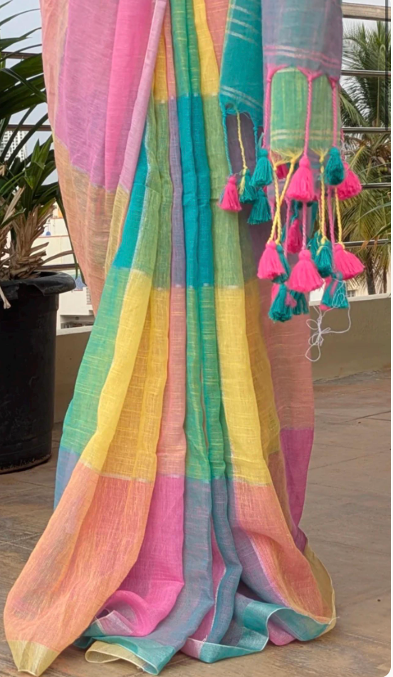 Colorblocked pink blue green Lightweight cotton linen saree handmade