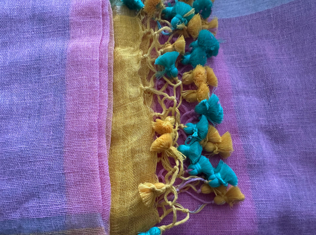Colorblocked pink blue green Lightweight cotton linen saree handmade