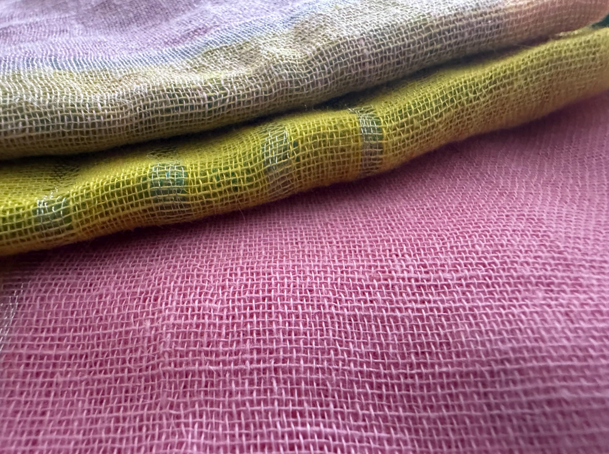 Colorblocked pink blue green Lightweight cotton linen saree handmade