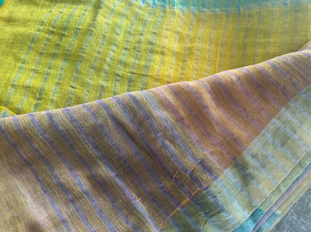 Colorblocked pink blue green Lightweight cotton linen saree handmade