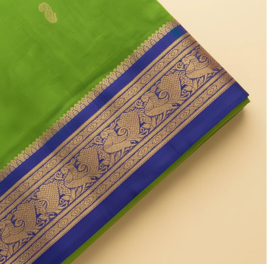Parrot Green 9-Yard Pure Silk Saree with Gold Zari Motifs & Royal Blue Contrast Border