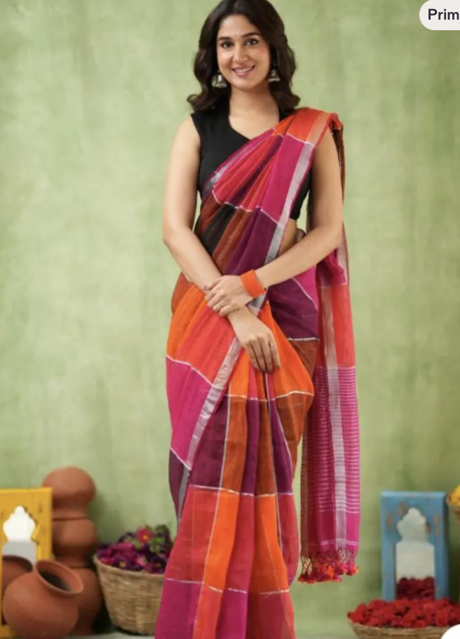 Maroon Checked Hand Block Print Linen Cotton Saree