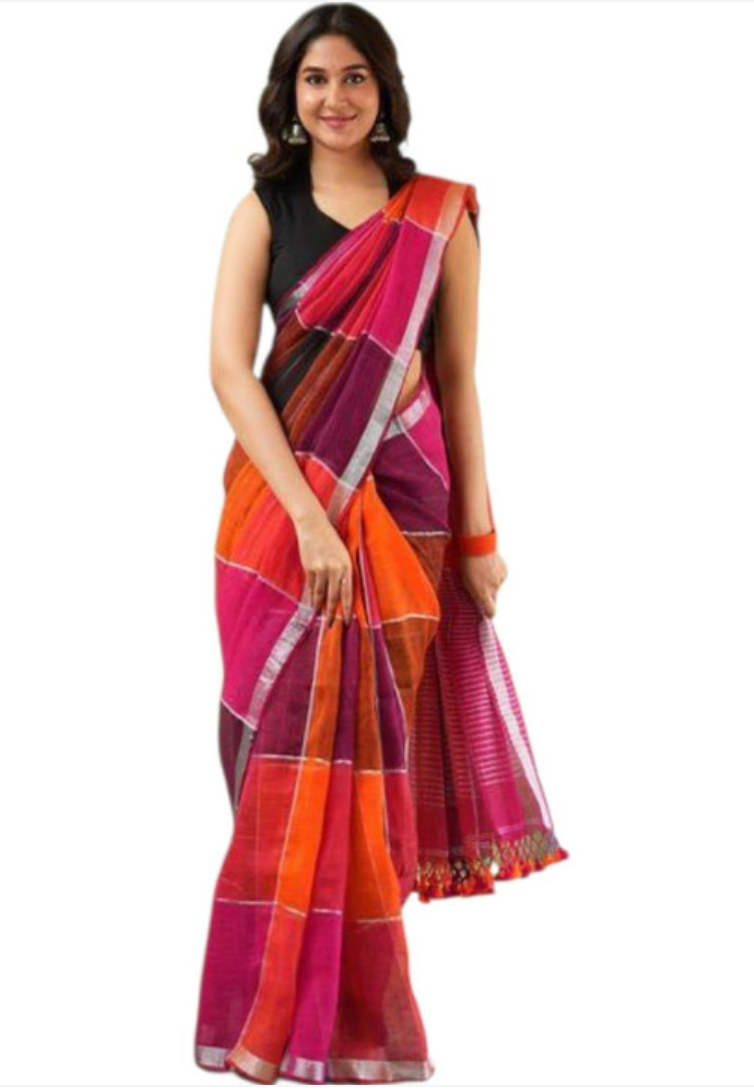 Maroon Checked Hand Block Print Linen Cotton Saree