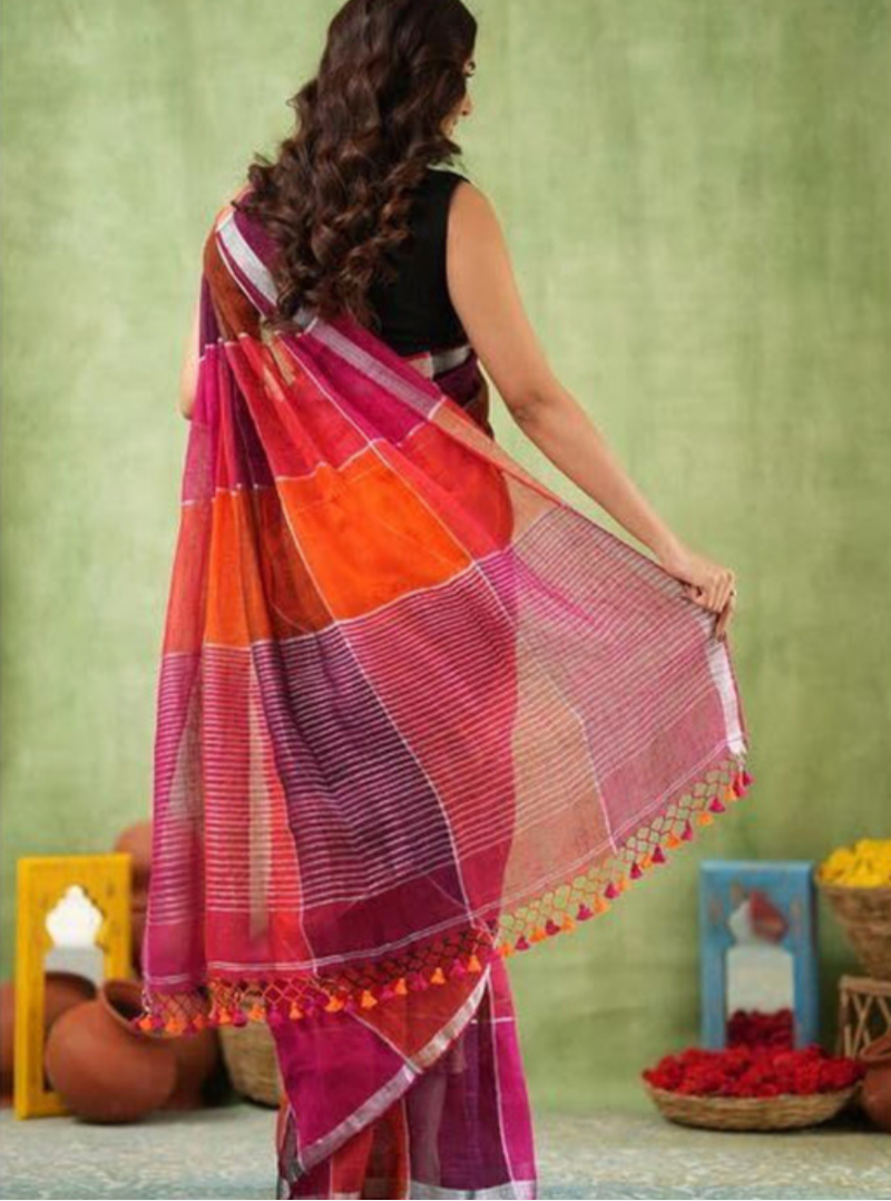 Maroon Checked Hand Block Print Linen Cotton Saree