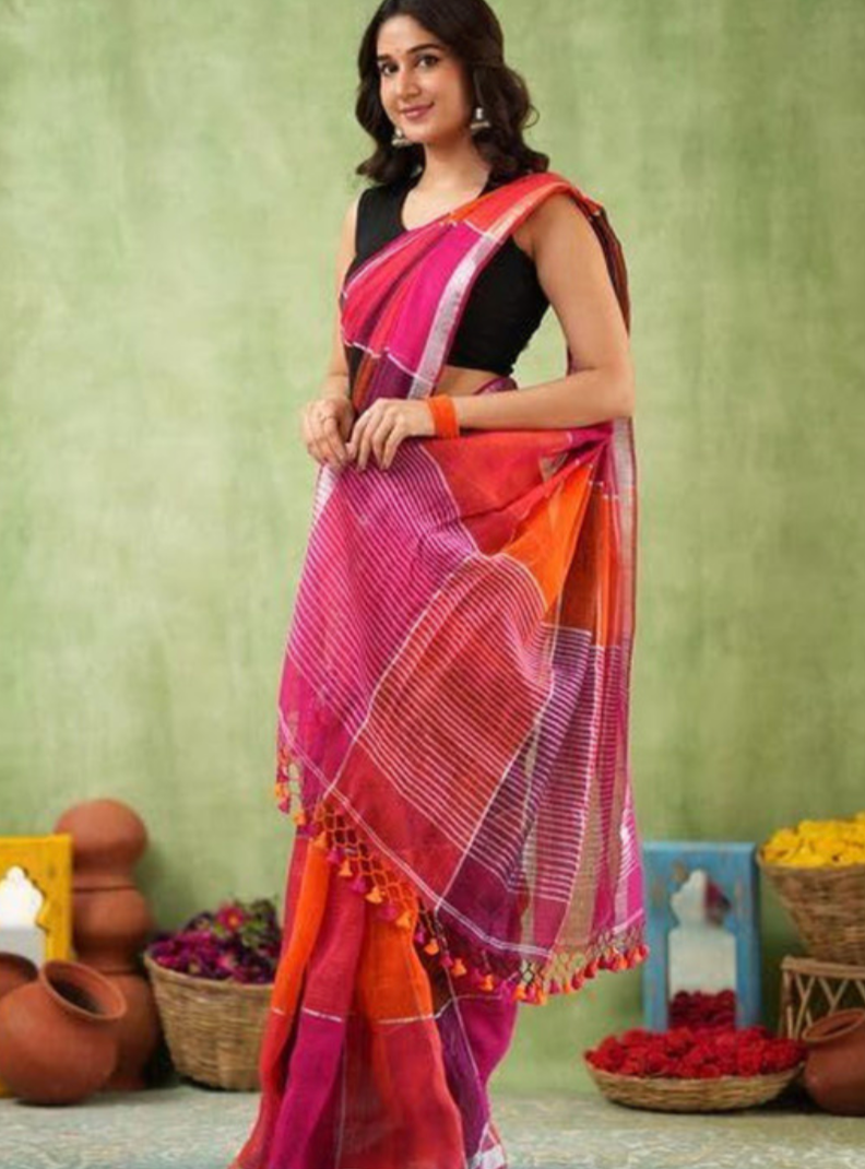 Maroon Checked Hand Block Print Linen Cotton Saree