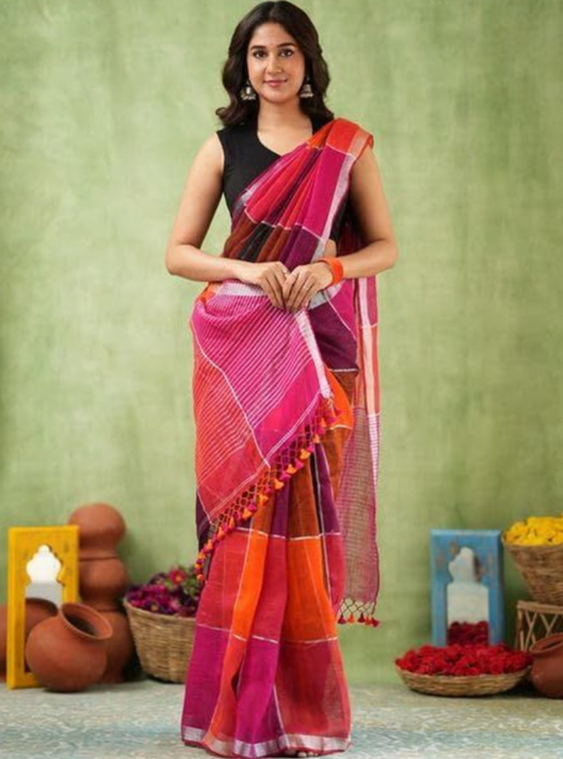 Maroon Checked Hand Block Print Linen Cotton Saree