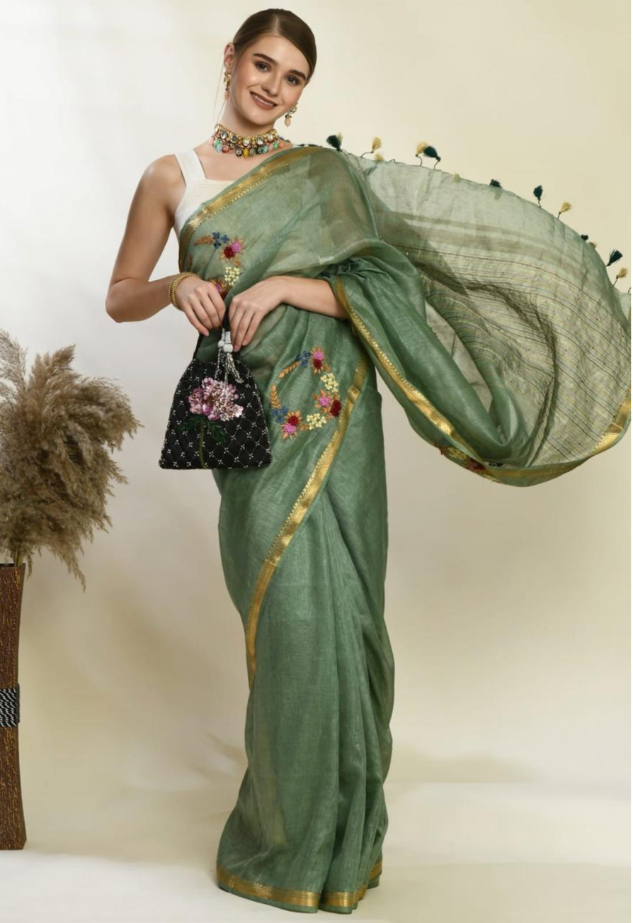 Deep Green Linen Saree with Golden Zari Border – French Knot Embroidery