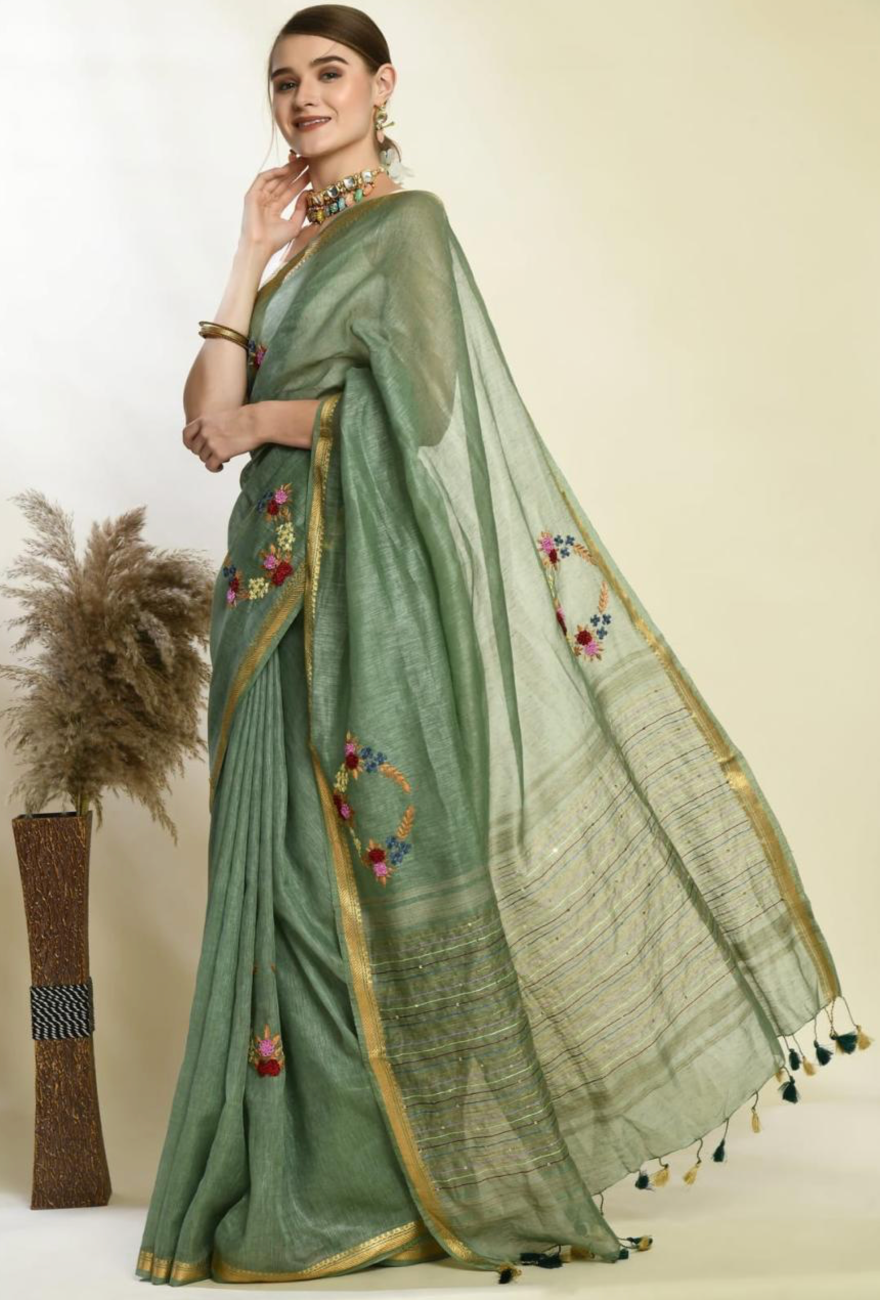Deep Green Linen Saree with Golden Zari Border – French Knot Embroidery