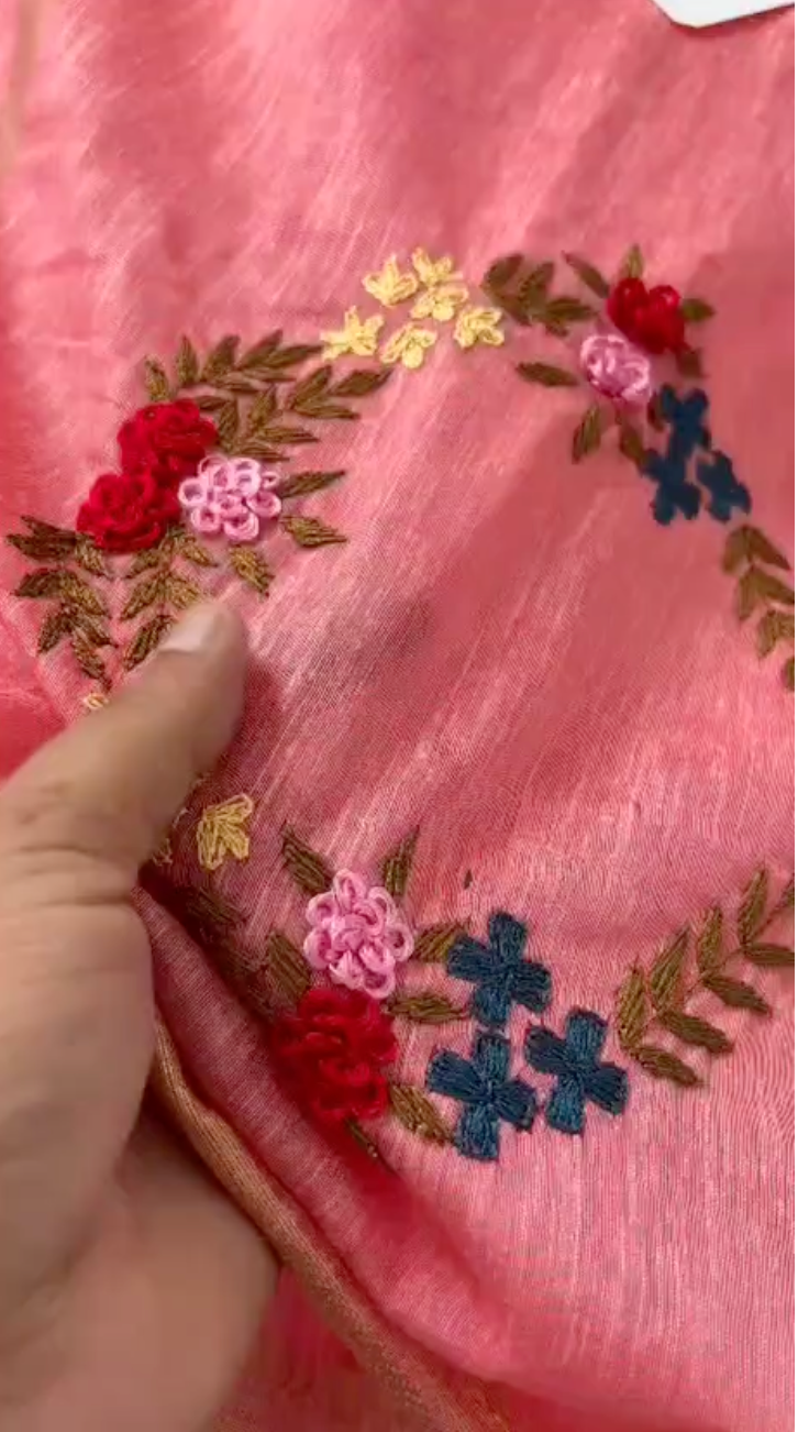 Handcrafted Peach Pink Hand Embroidered Linen Saree
