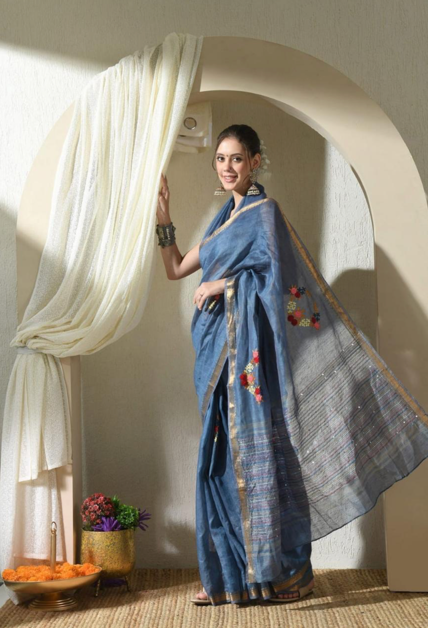 Handcrafted Blue Hand Embroidered Linen Saree