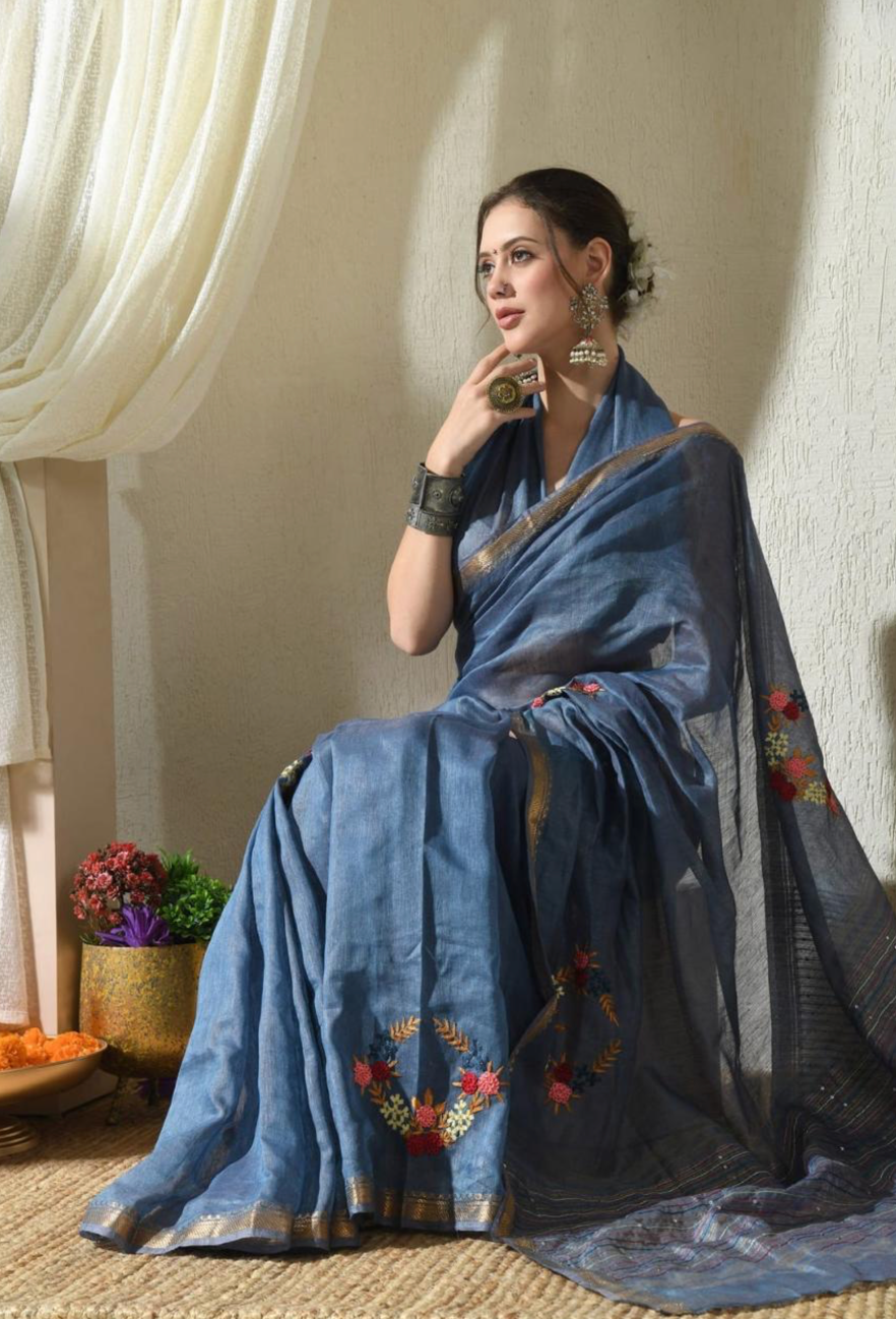 Handcrafted Blue Hand Embroidered Linen Saree