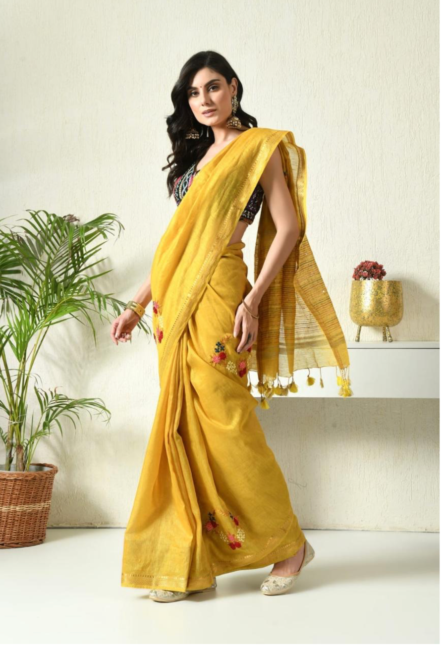 Yellow Hand Embroidered Kota Linen Saree