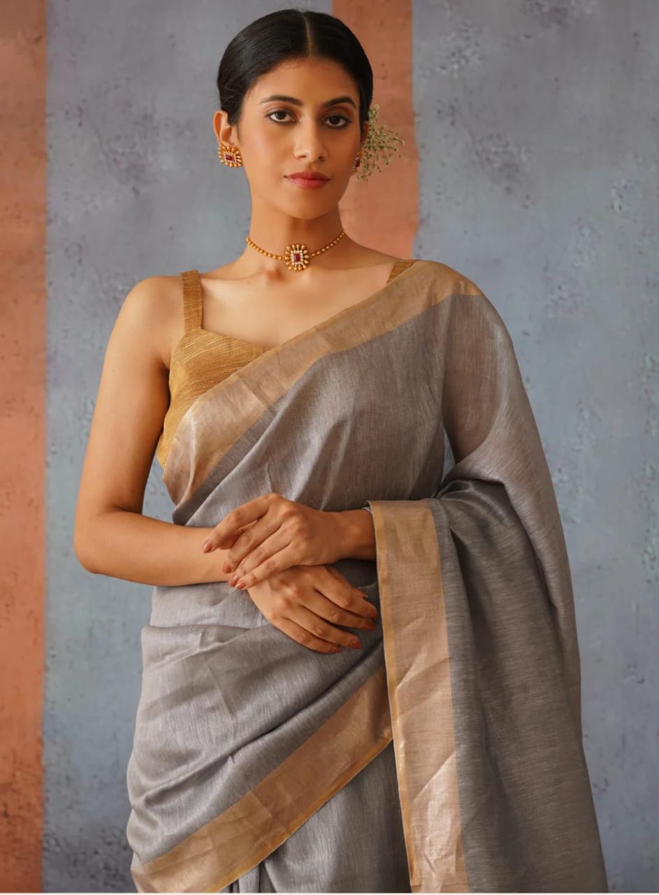 Linen Silk Saree with Gold Tissue Border | Lightweight Festive Wear