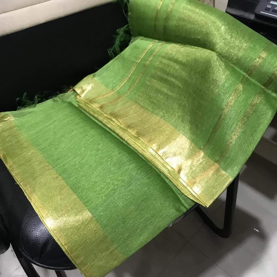 Linen Silk Saree with Gold Tissue Border | Lightweight Festive Wear
