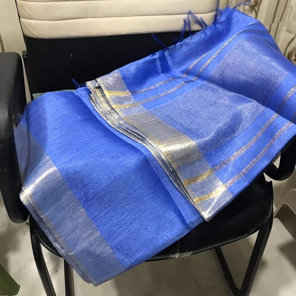 Linen Silk Saree with Gold Tissue Border | Lightweight Festive Wear