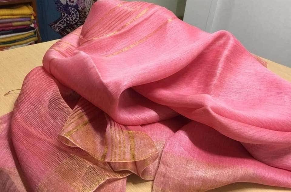 Linen Silk Saree with Gold Tissue Border | Lightweight Festive Wear
