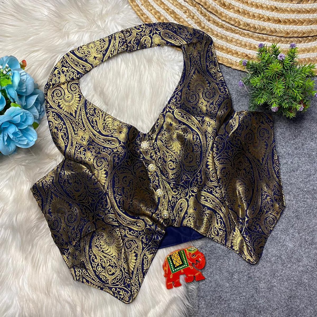 Heavy Jari Banarasi Halter Neck Partywear Blouse with Hooks & Latkans