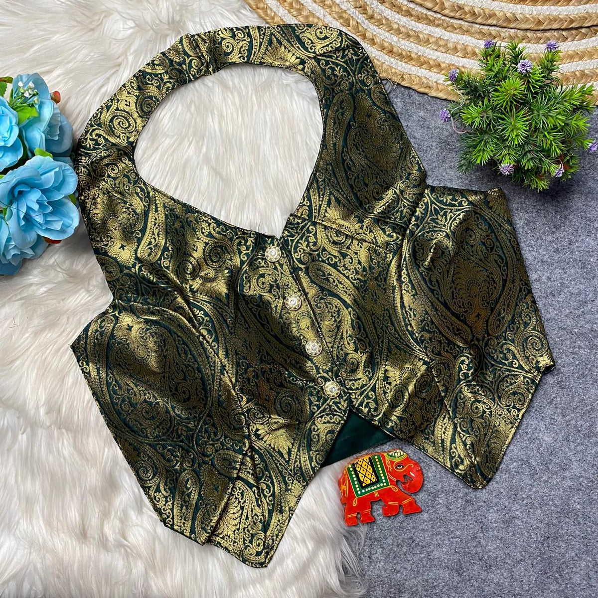 Heavy Jari Banarasi Halter Neck Partywear Blouse with Hooks & Latkans