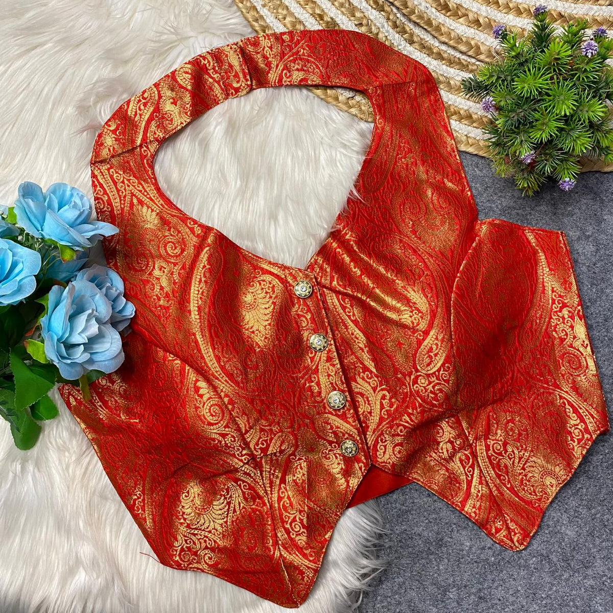 Heavy Jari Banarasi Halter Neck Partywear Blouse with Hooks & Latkans