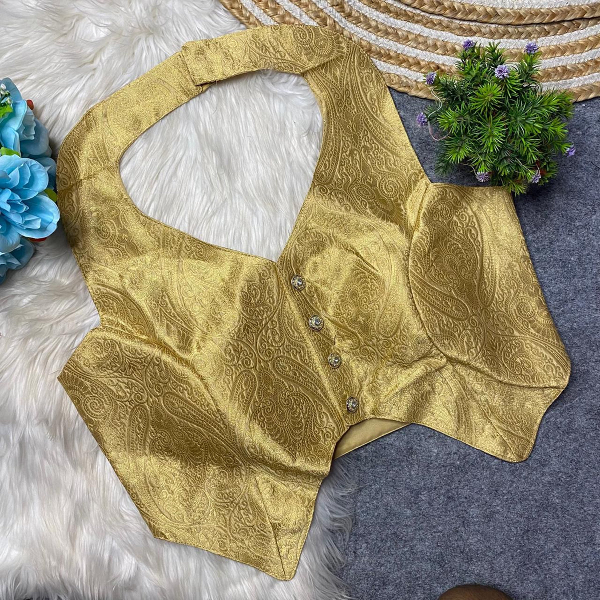 Heavy Jari Banarasi Halter Neck Partywear Blouse with Hooks & Latkans