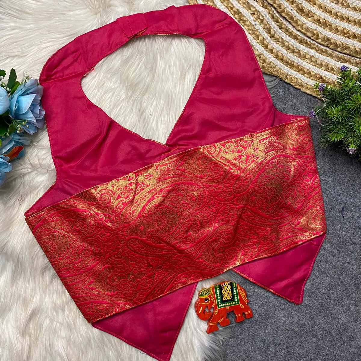 Heavy Jari Banarasi Halter Neck Partywear Blouse with Hooks & Latkans
