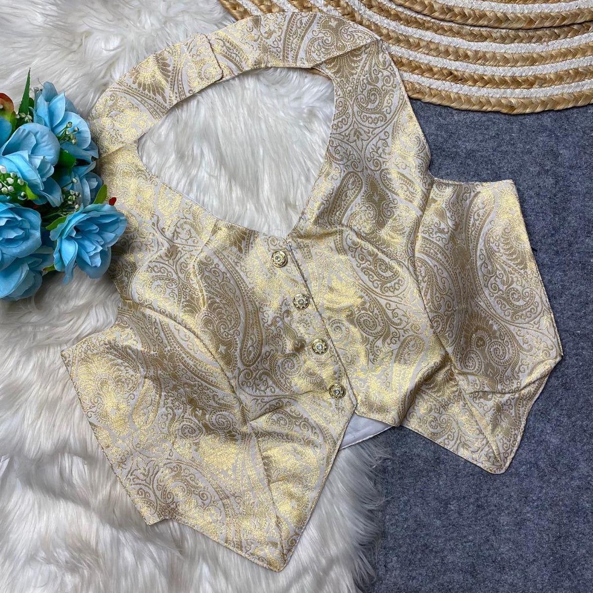 Heavy Jari Banarasi Halter Neck Partywear Blouse with Hooks & Latkans
