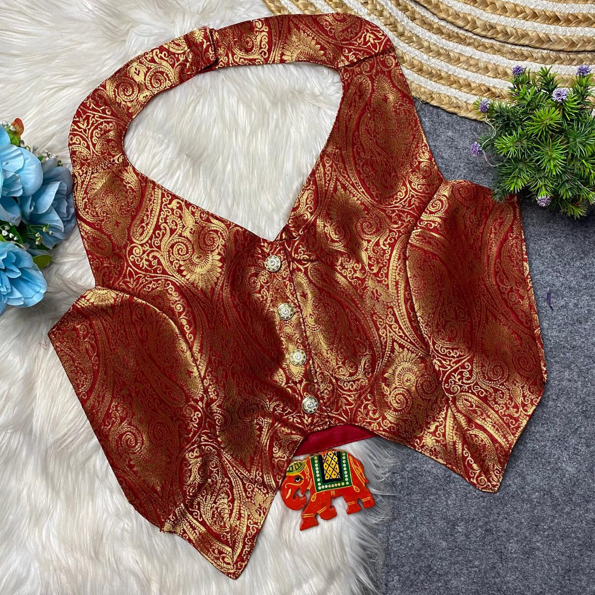 Heavy Jari Banarasi Halter Neck Partywear Blouse with Hooks & Latkans