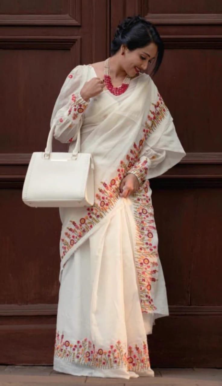 White Cotton Embroidered Saree with Floral Thread Work | Festive & Daytime Wear