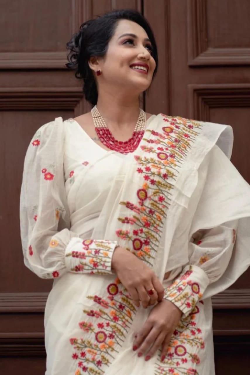 White Cotton Embroidered Saree with Floral Thread Work | Festive & Daytime Wear