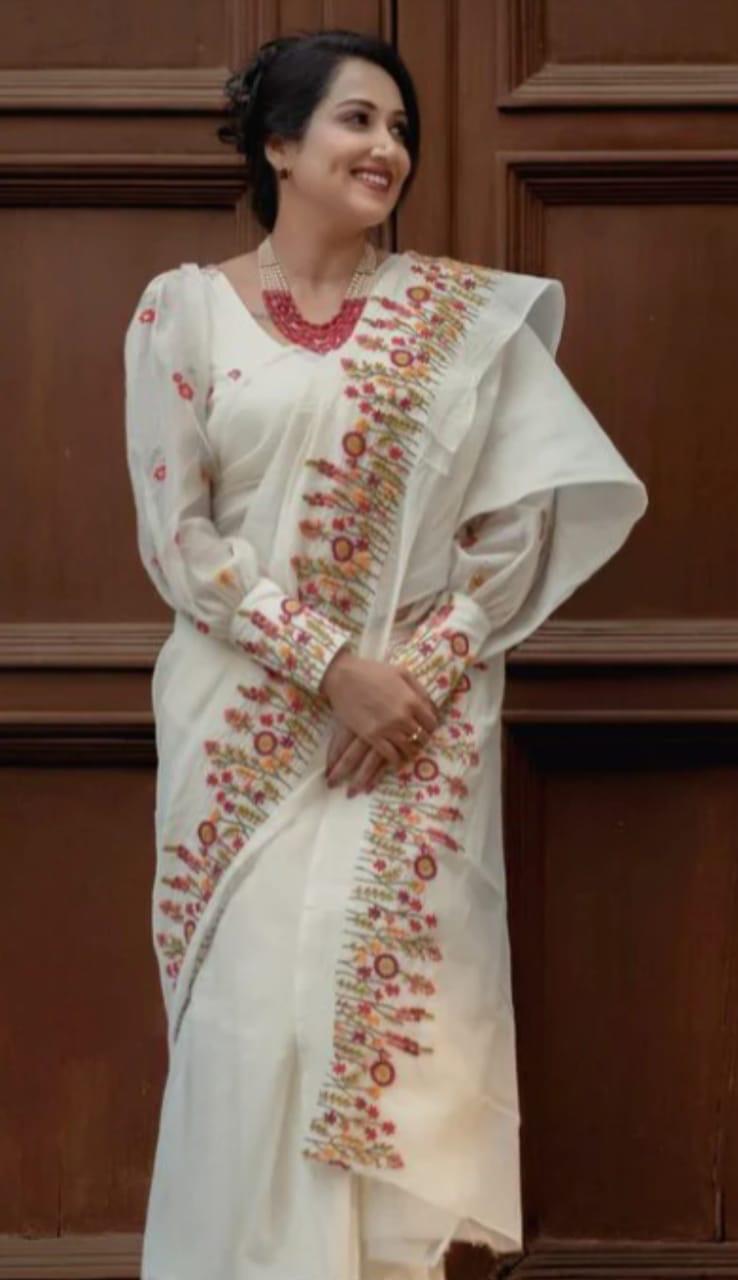 White Cotton Embroidered Saree with Floral Thread Work | Festive & Daytime Wear
