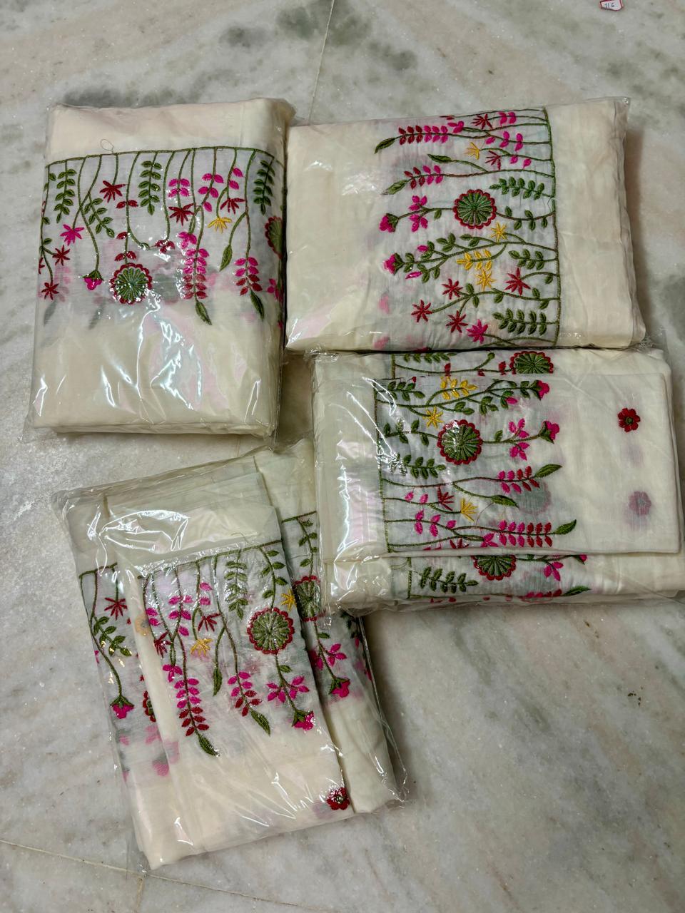 White Cotton Embroidered Saree with Floral Thread Work | Festive & Daytime Wear