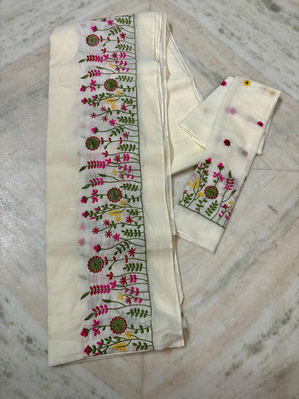 White Cotton Embroidered Saree with Floral Thread Work | Festive & Daytime Wear