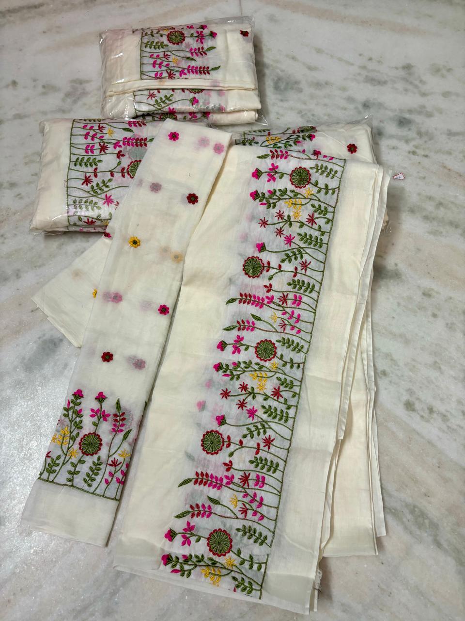 White Cotton Embroidered Saree with Floral Thread Work | Festive & Daytime Wear
