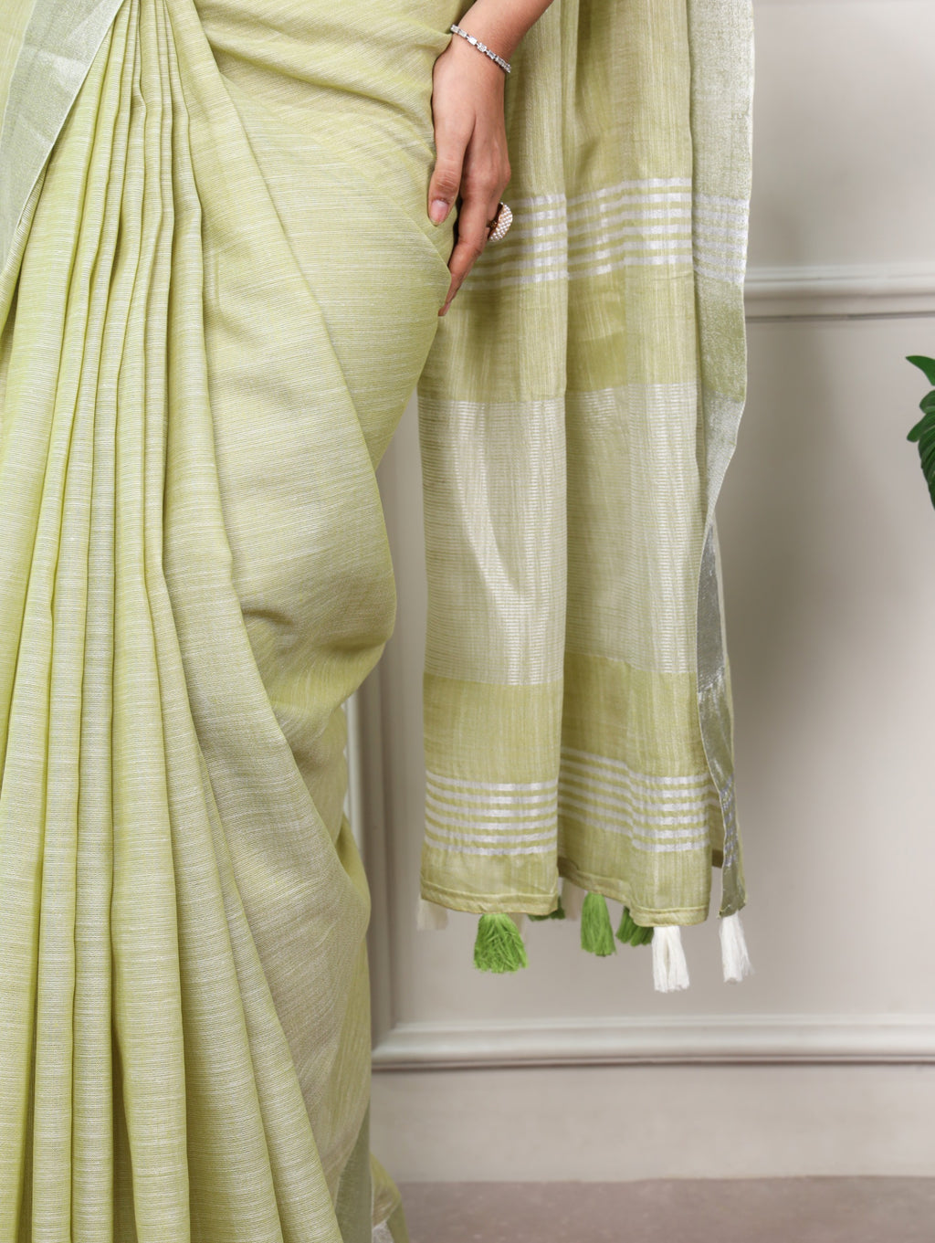 Green Linen Saree with Zari Border and Striped Blouse Piece