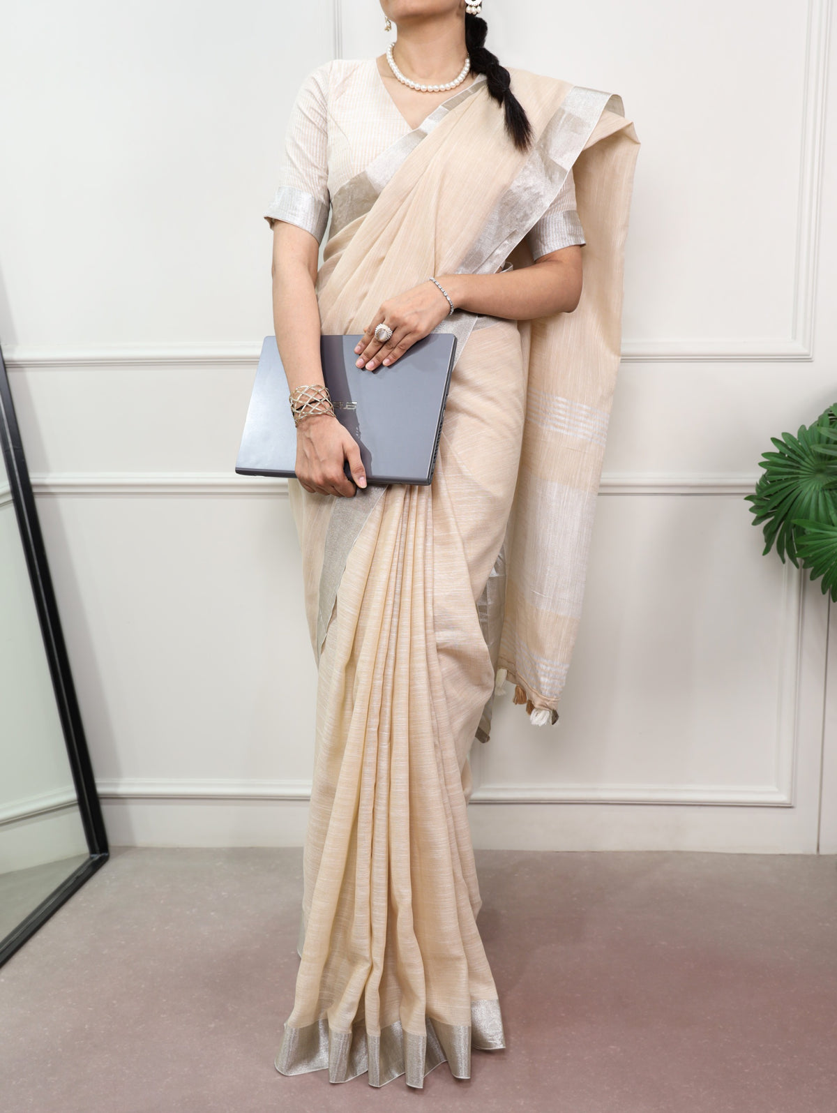 Beige Linen Saree with Zari Border and Striped Blouse Piece