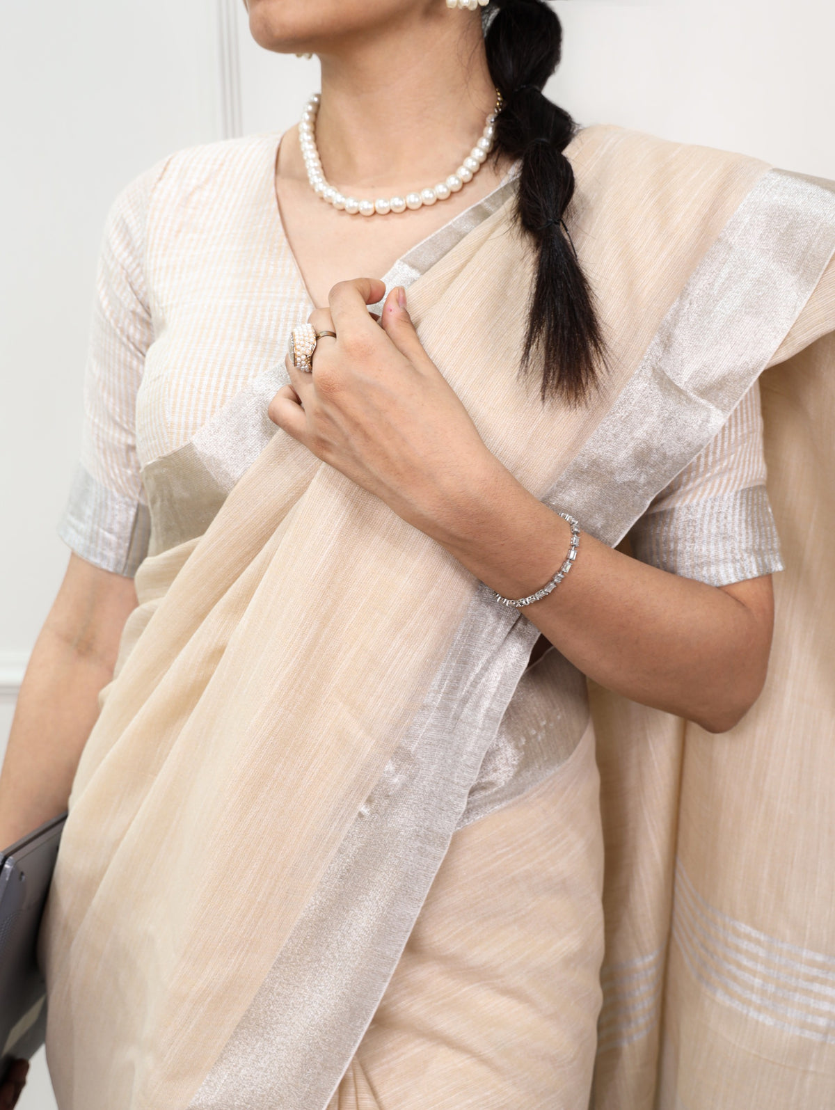 Beige Linen Saree with Zari Border and Striped Blouse Piece