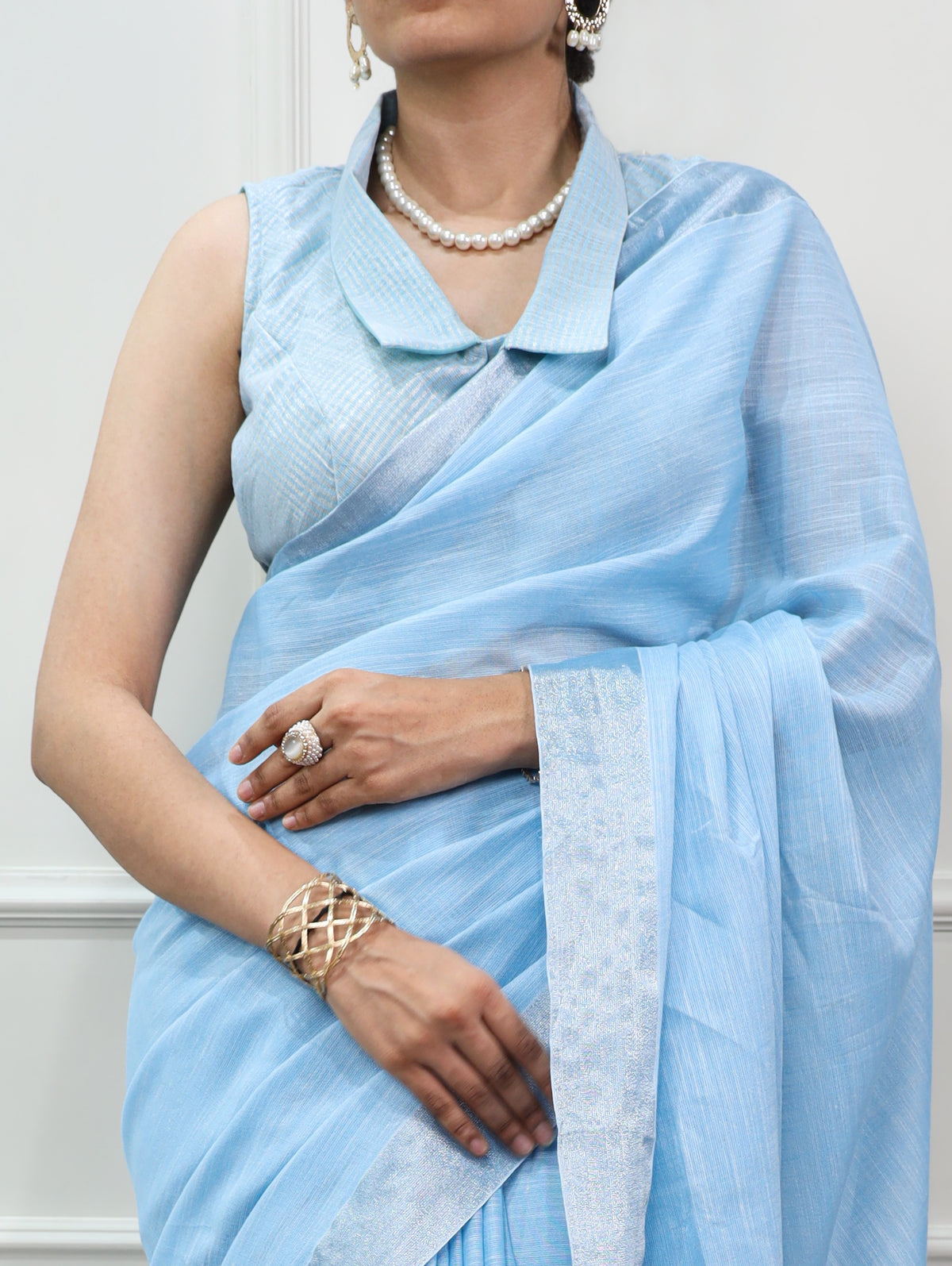 Blue Linen Saree with Zari Border and Striped Blouse Piece