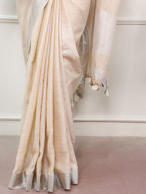 Beige Linen Saree with Zari Border and Striped Blouse Piece