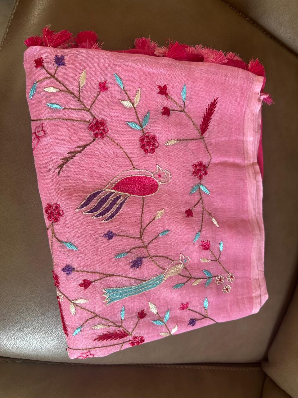 Pink Ombré Handmade Linen Saree with Bird & Floral Embroidery