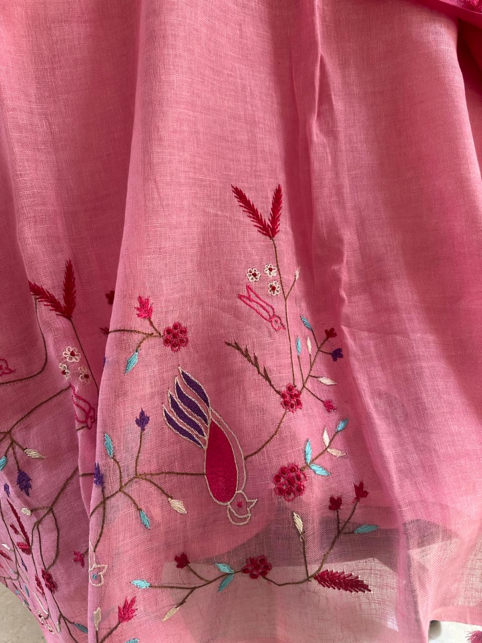 Pink Ombré Handmade Linen Saree with Bird & Floral Embroidery