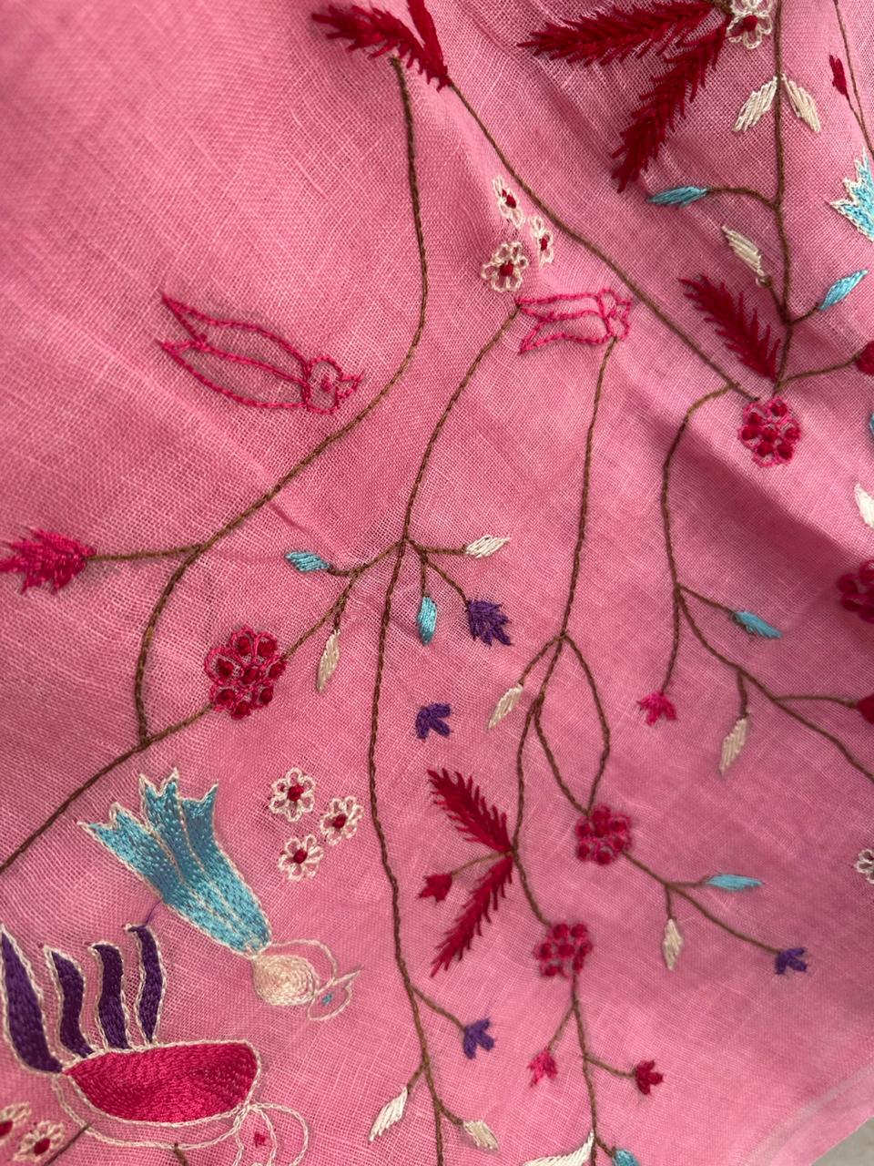 Pink Ombré Handmade Linen Saree with Bird & Floral Embroidery