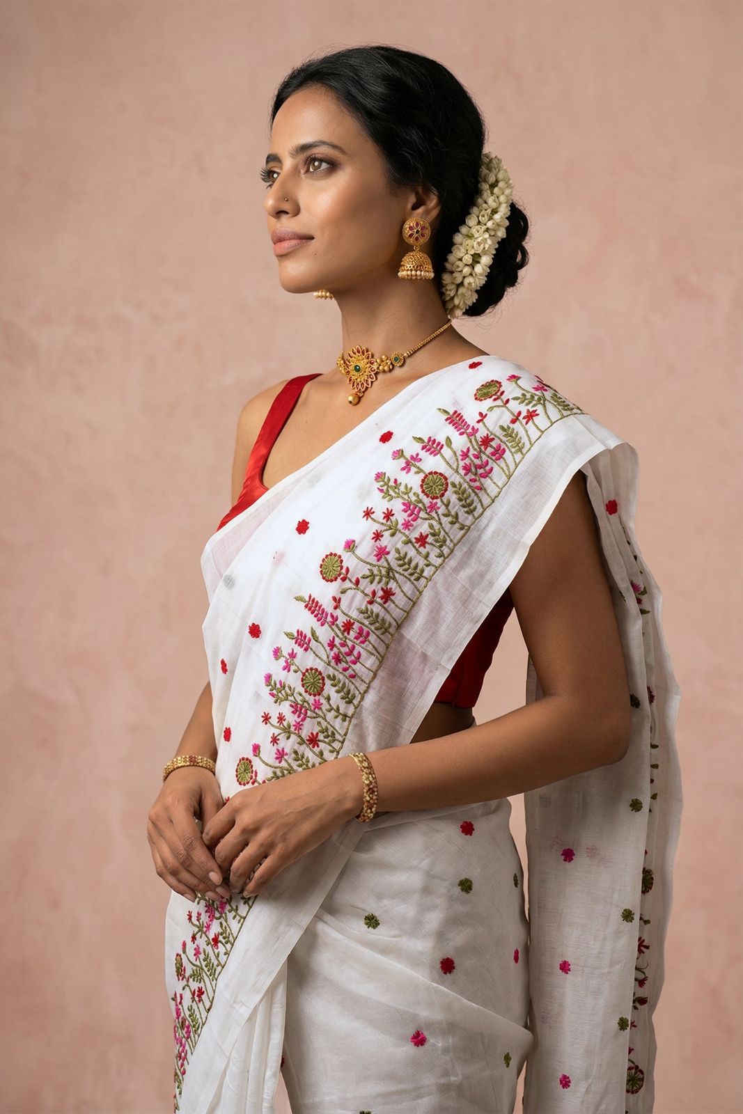 Onam Mul cotton embroidered white saree and red blouse